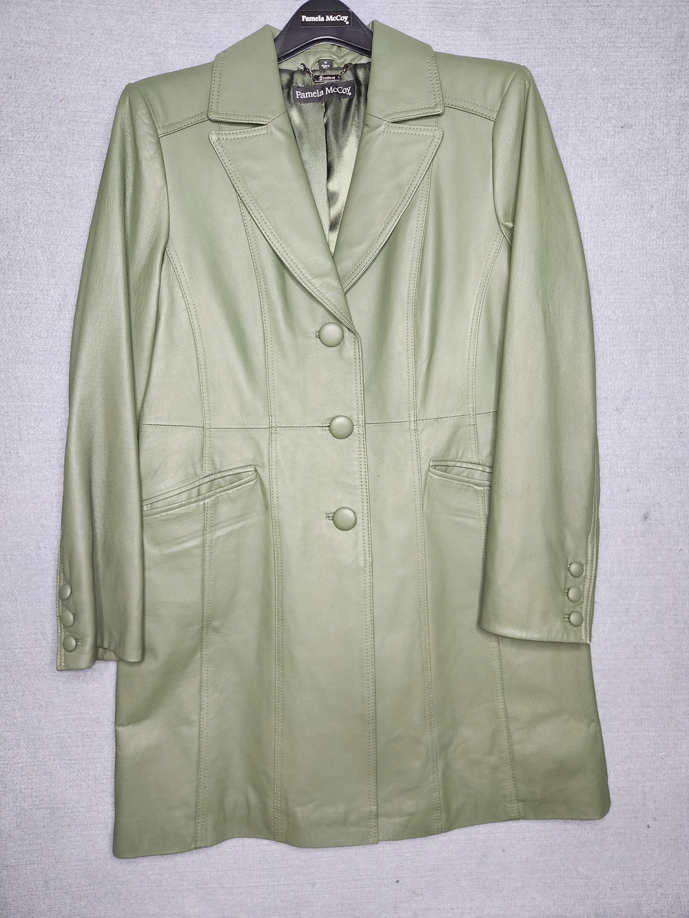 Pamela McCoy Light Sage Green Leather Coat